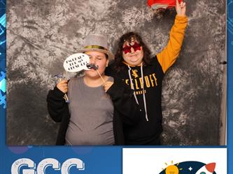 mother and son posing for photo booth